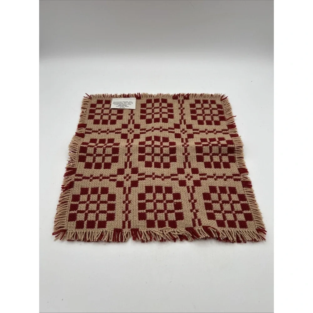 Dunroven House Table Mat 12x12 Red Cream Wool Coverlet Weave Fringe Square Small